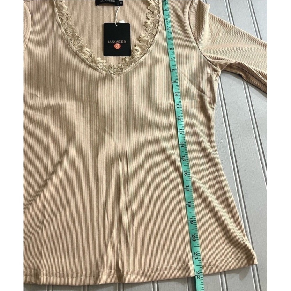 Luxveer Womens Medium Ribbed Lace Trim V Neck 3/4 Sleeve Top Taupe NWT - Picture 10 of 10